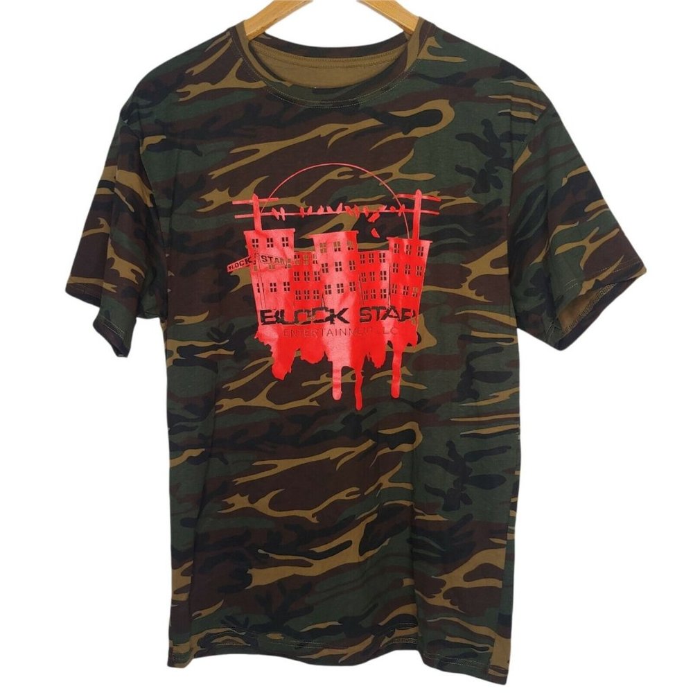 Block Star Entertainment L Camouflaged T Shirt Woodland Camo Green Rap Music